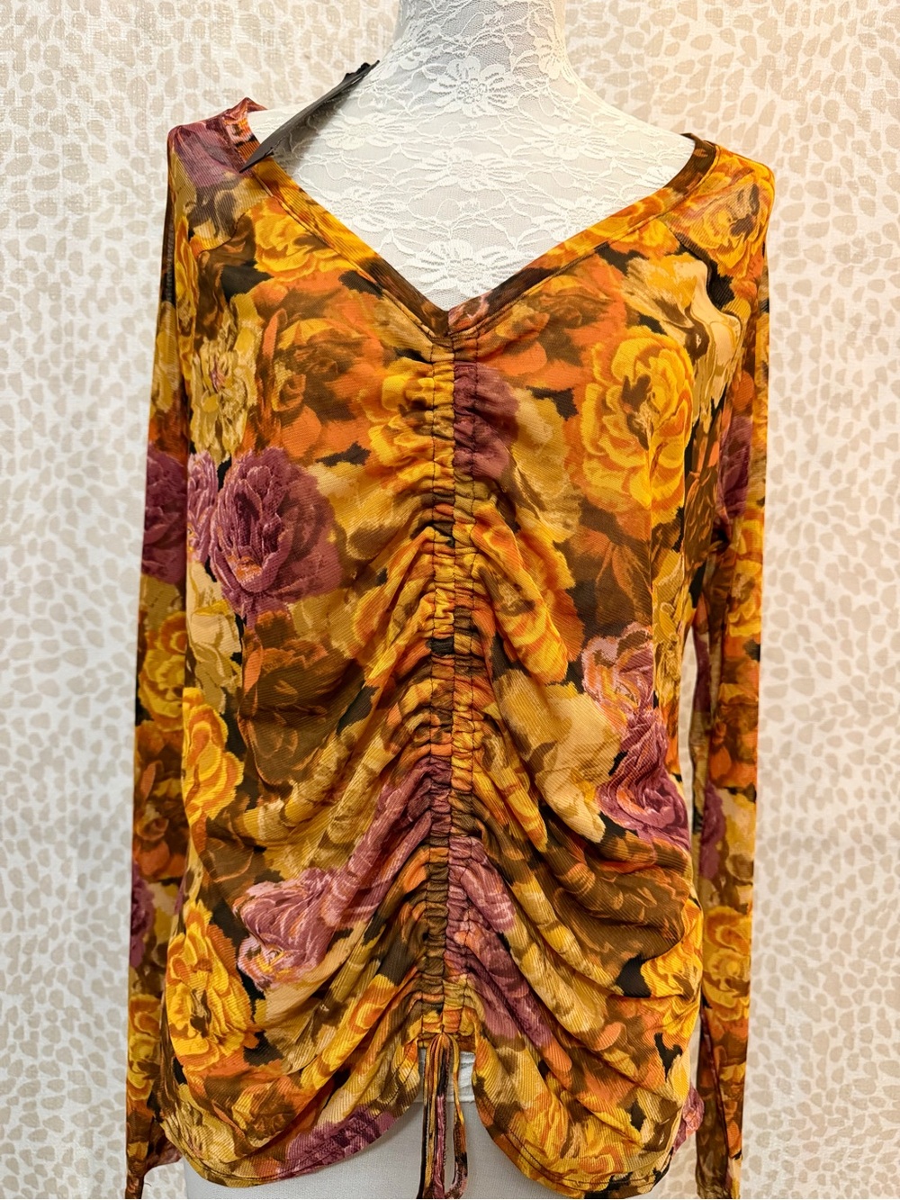 Ruched V-Neck Vibrant Floral Long-Sleeve Top - yellow, Orange & Mauve